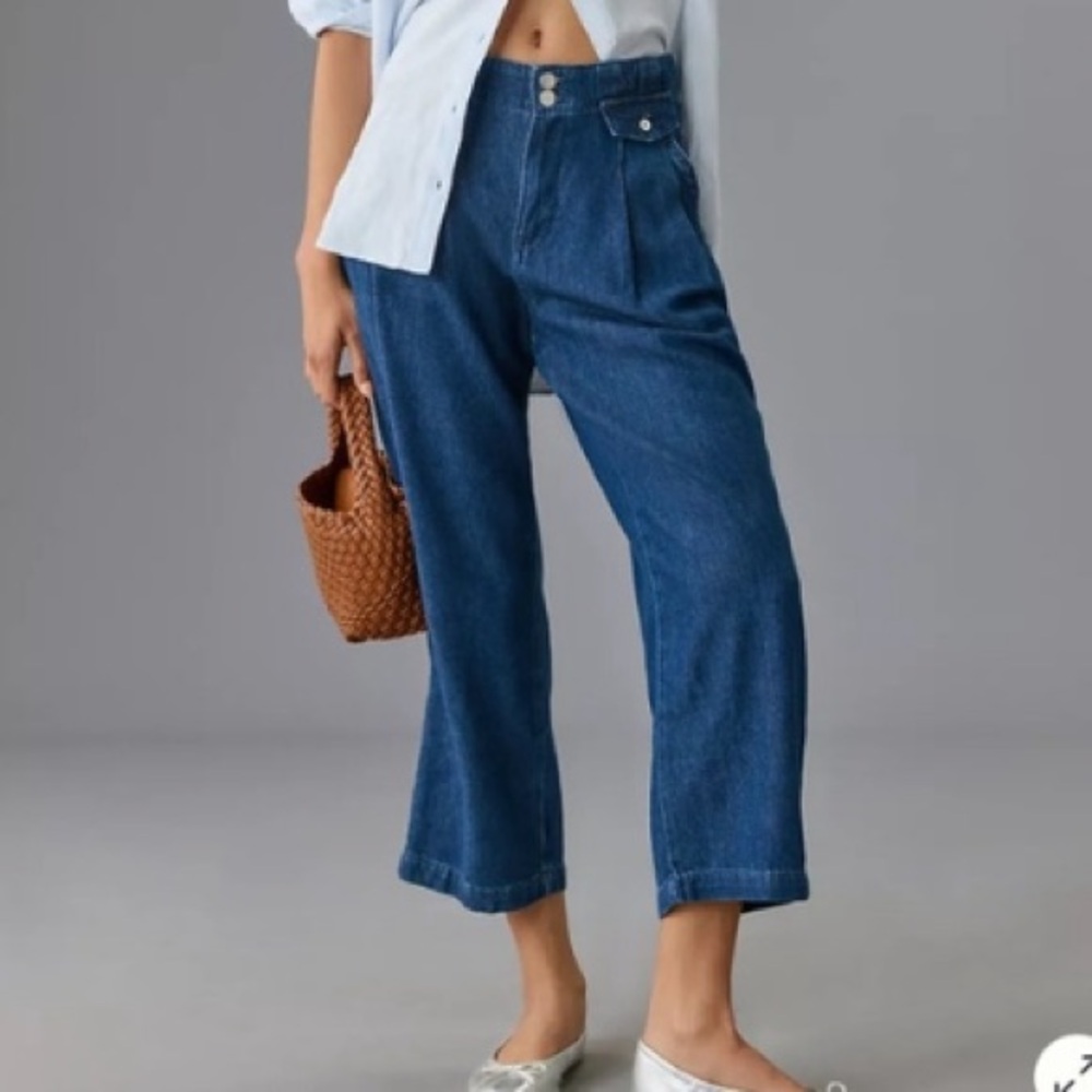 Anthropologie Pilcro Tall Pleated Trouser Jeans High Rise Denim Blue Size 28T 28
